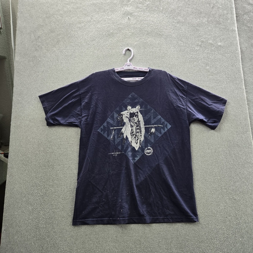 VINTAGE Warrior Men Shirt XL Navy Graphic Native American Print  90s USA READ